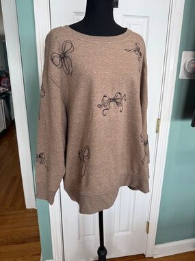 Jane and Delancey Taupe Crewneck Sweater with Black Bow Prints